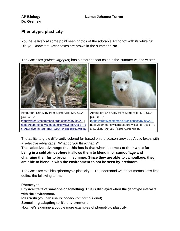 Phenotypic Plasticity in Organisms and Arctic Foxes