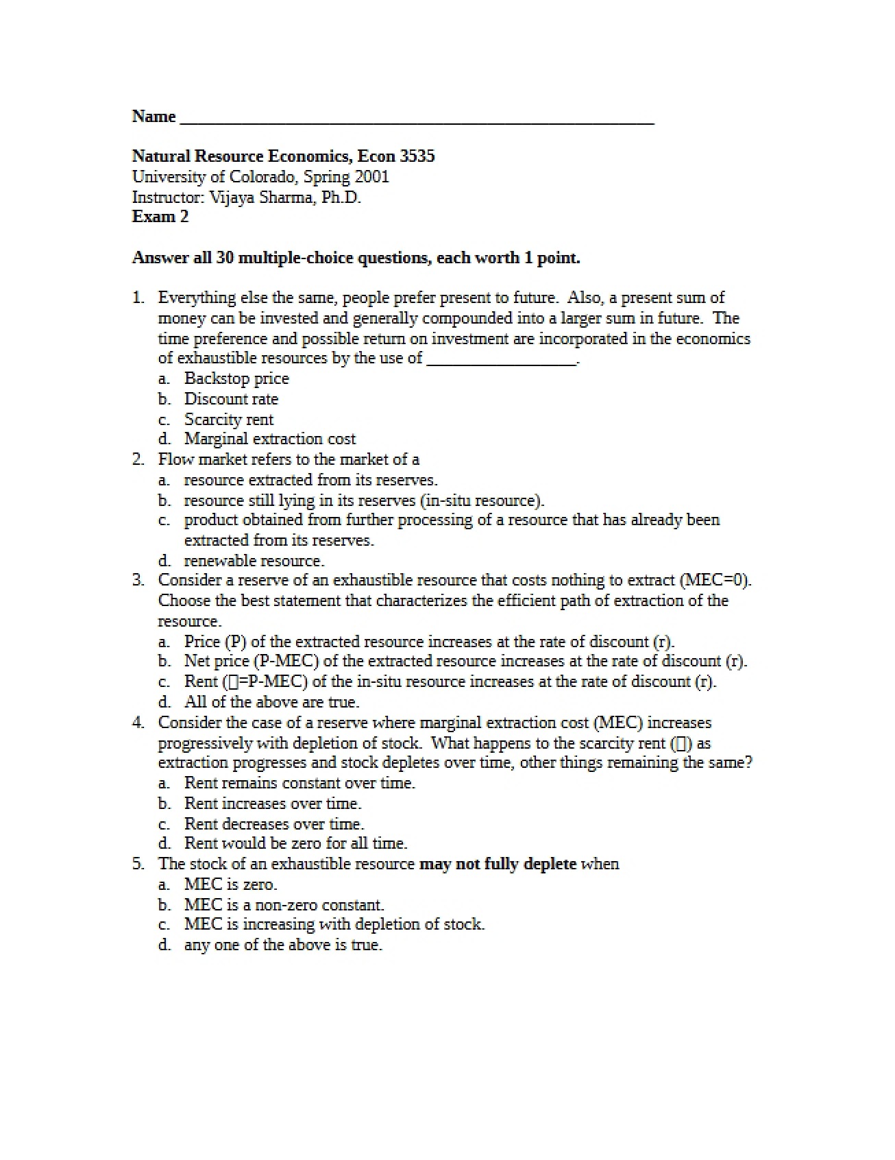 Natural Resource Economics Exam 2 (Set 2)