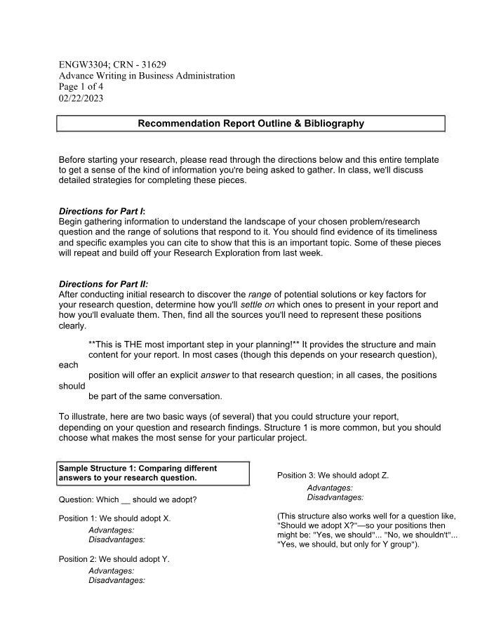 Bibliography and Recommendation Report Outline