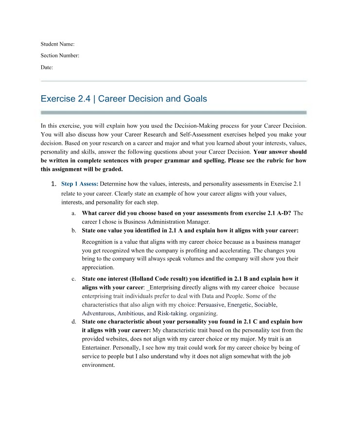 Career Decision and Goals Exercise 2.4 Part B