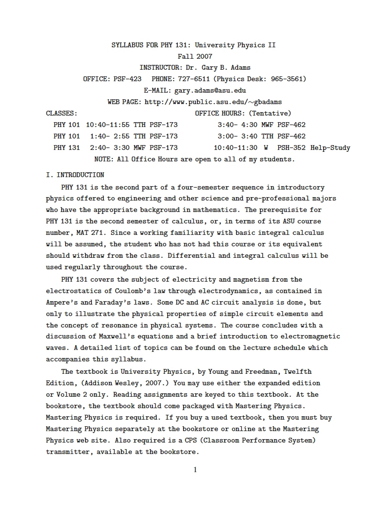Electricity and Magnetism Syllabus