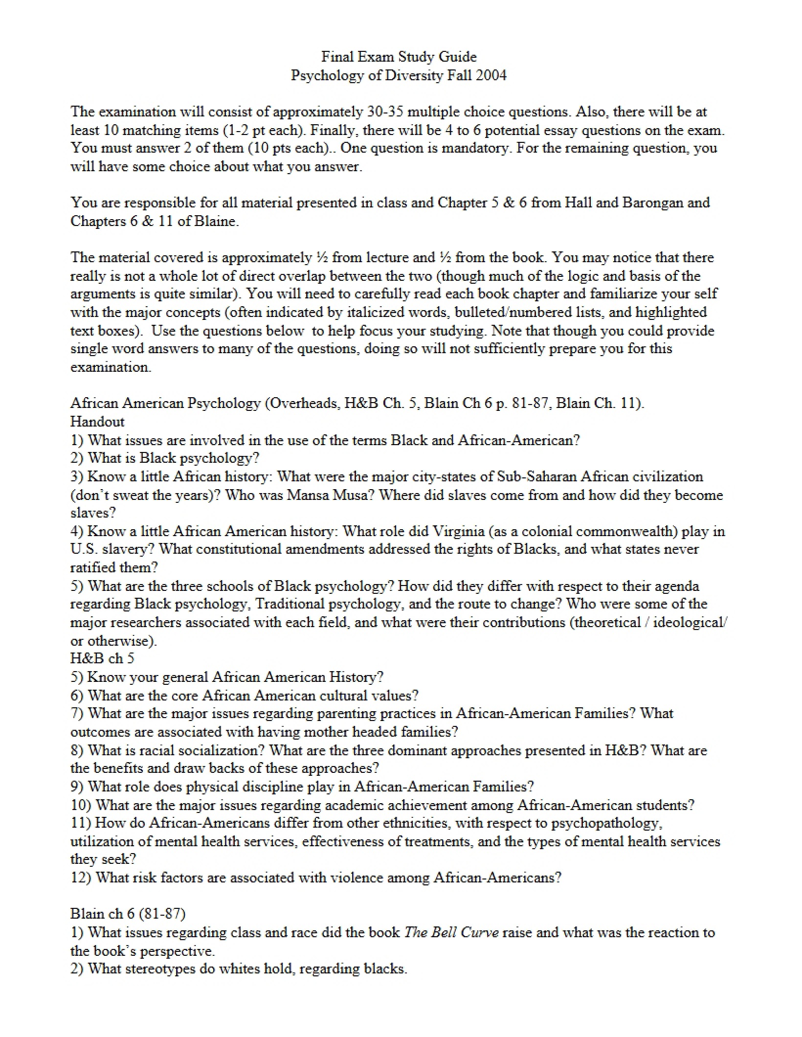 Study Guide for Final Exam