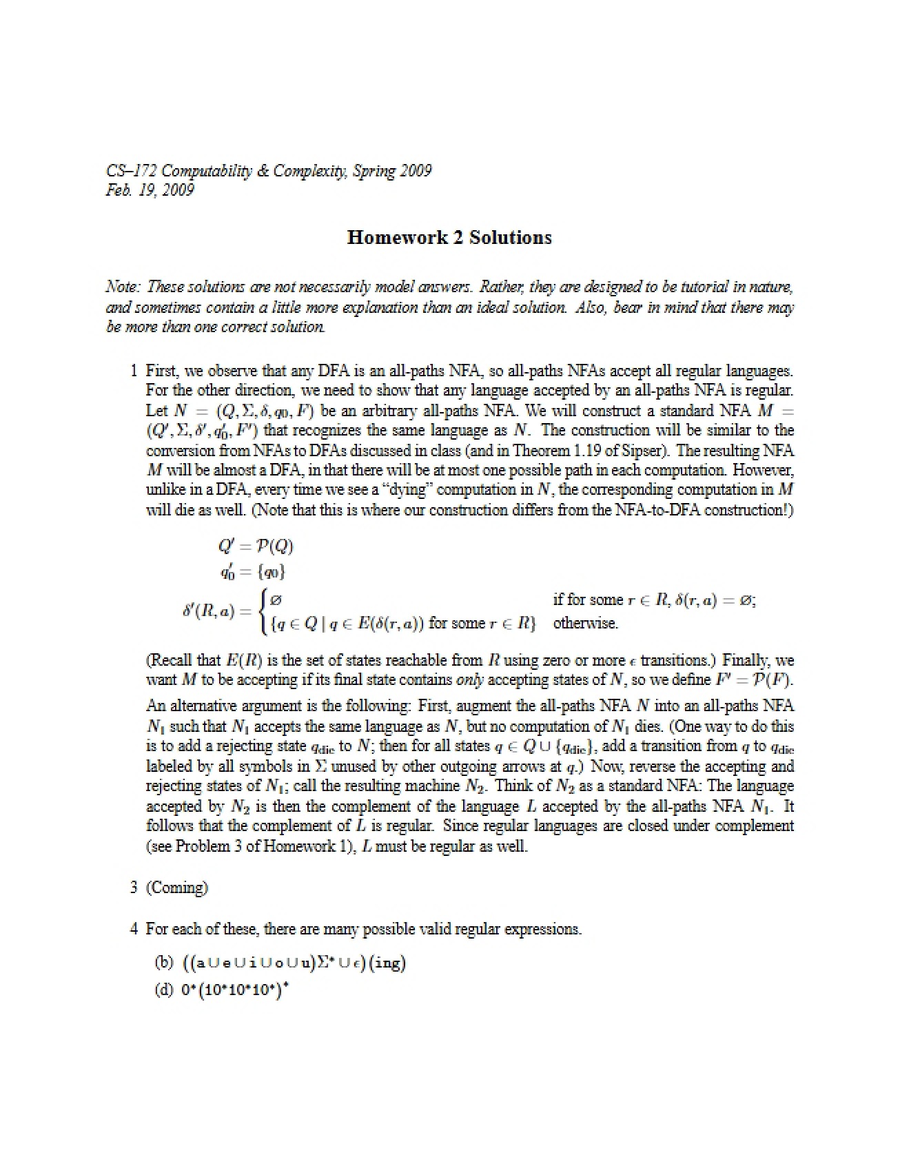 Homework Solutions for CS 172