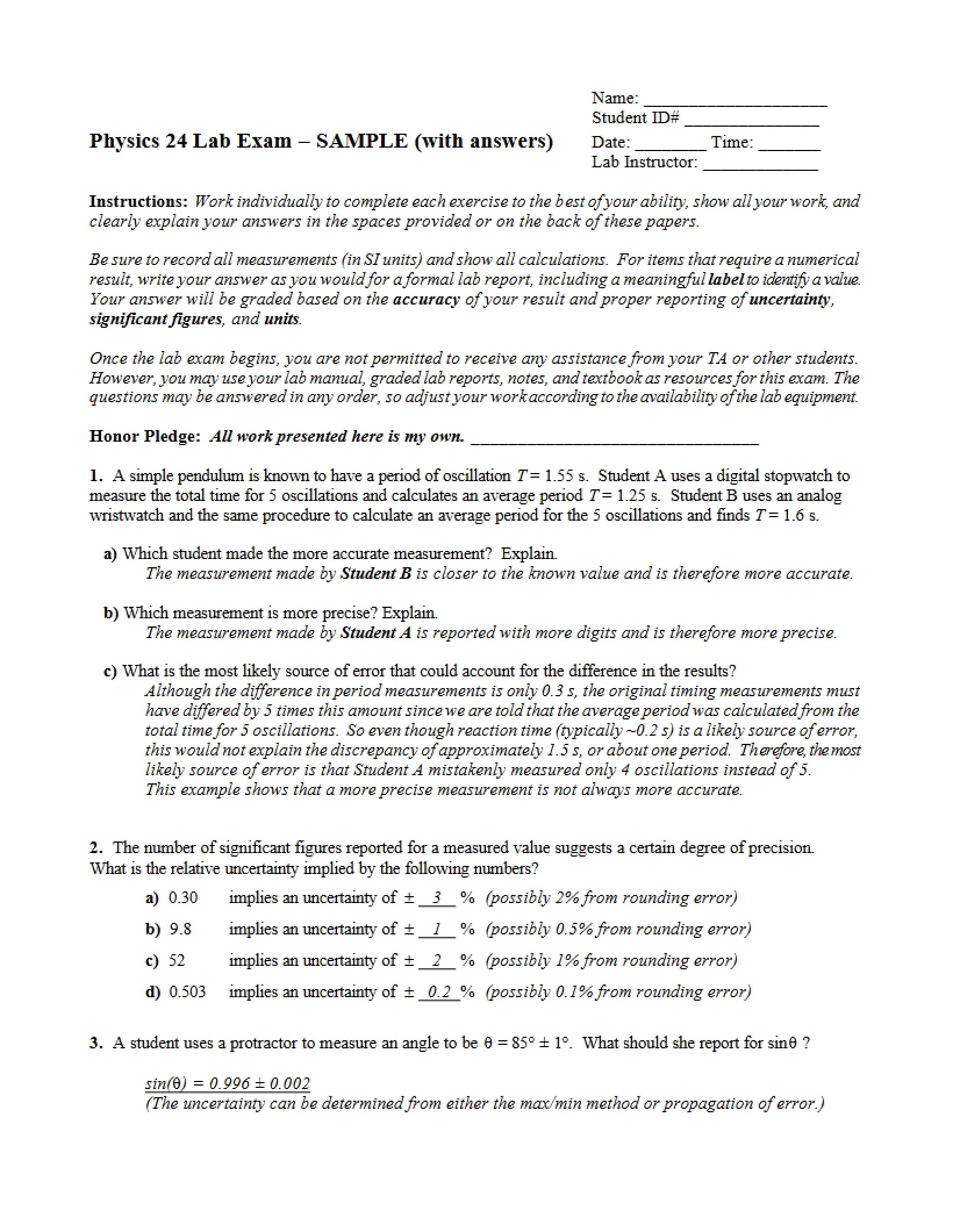 Physics Lab Examination