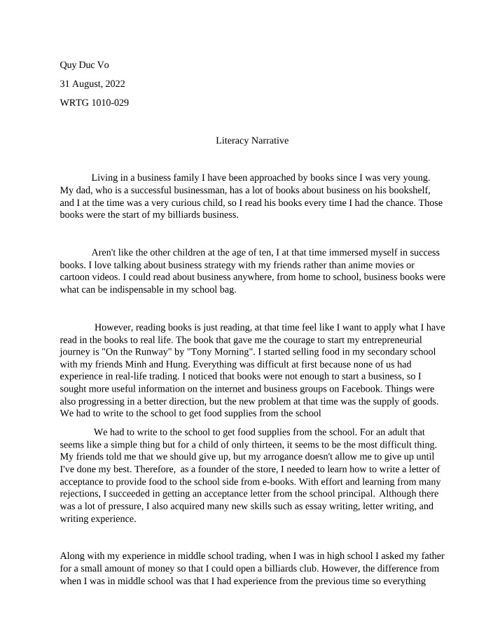 Writing 1010 - Literacy Narrative