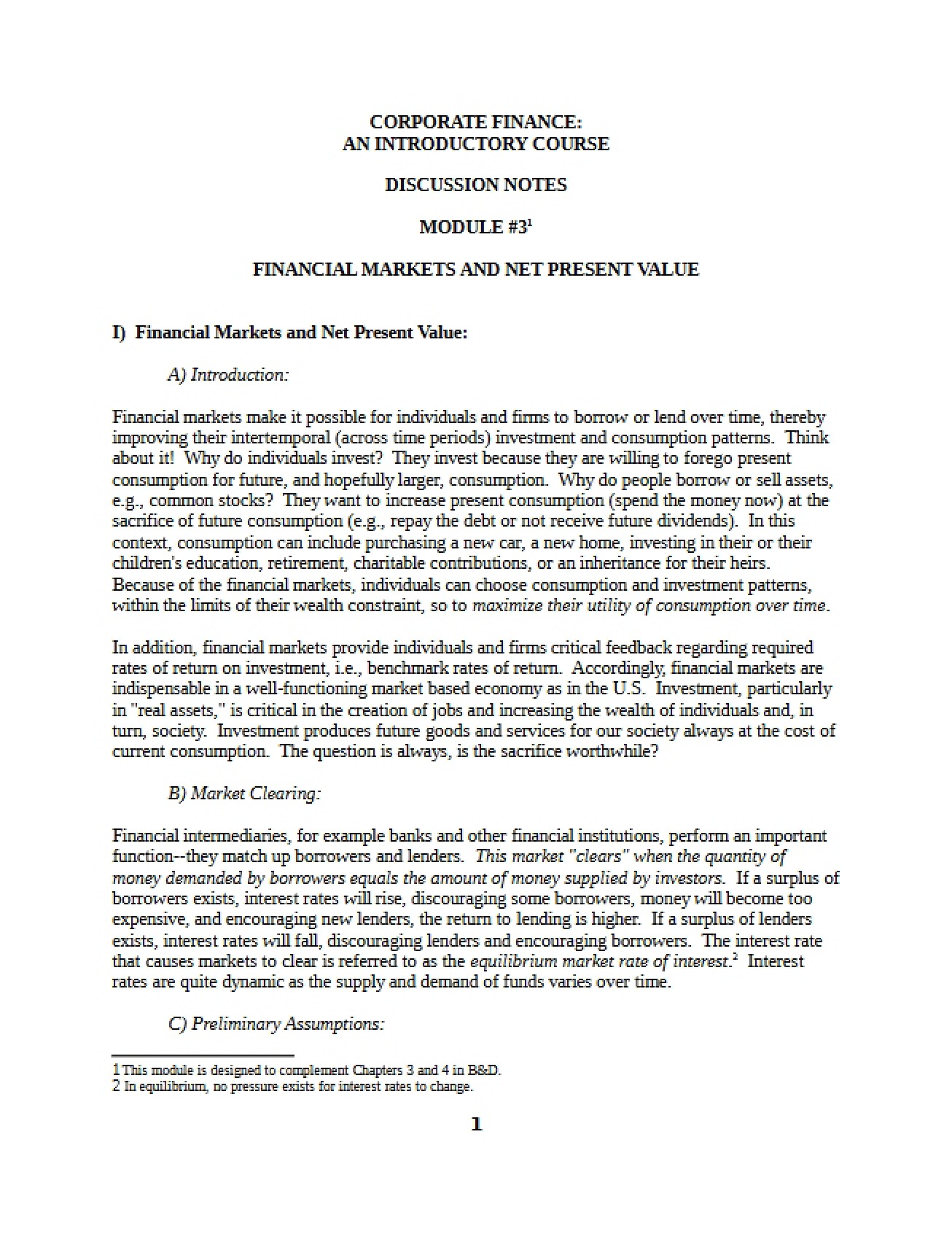 Net Present Value and Financial Markets