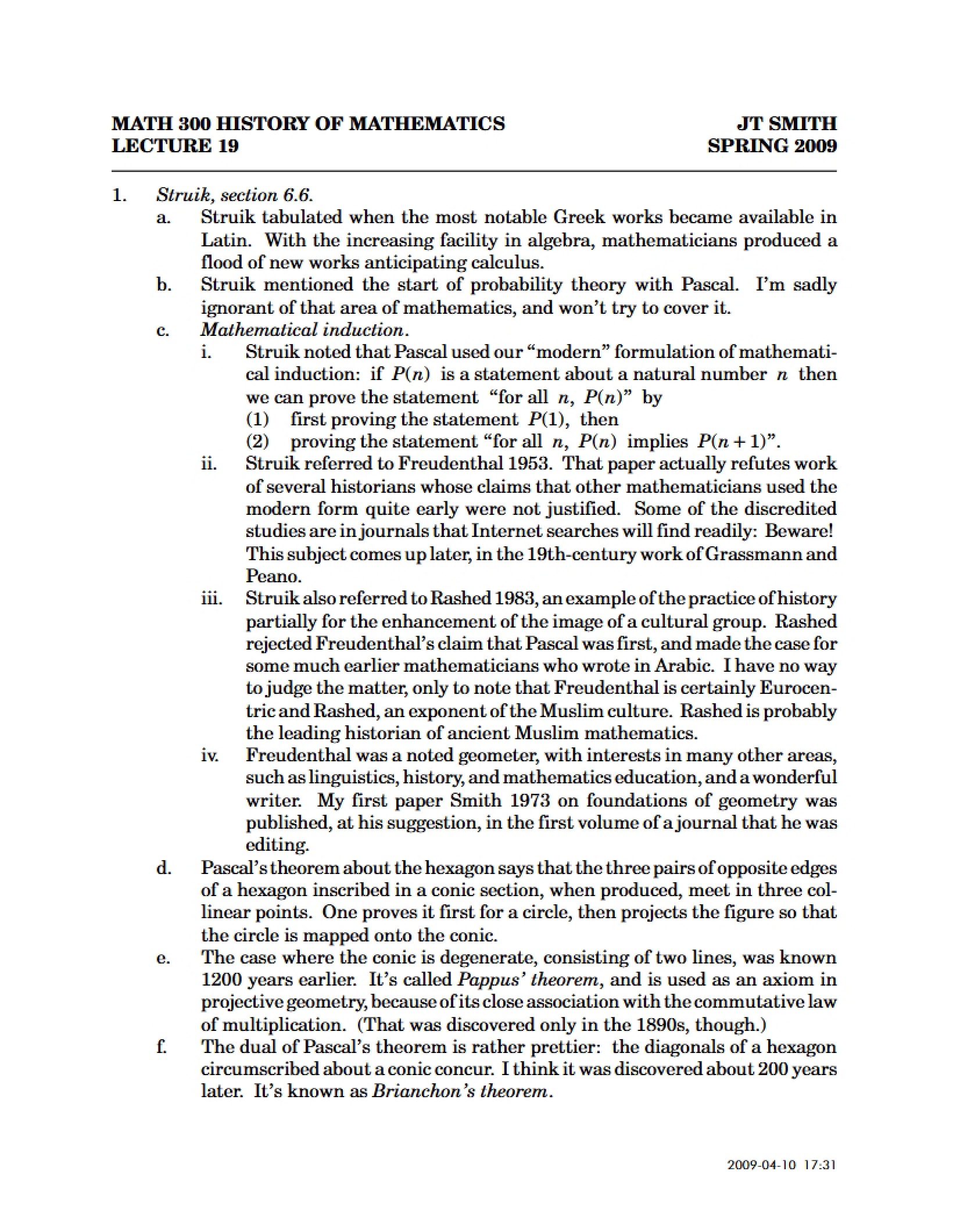 History of Mathematics Lecture 19