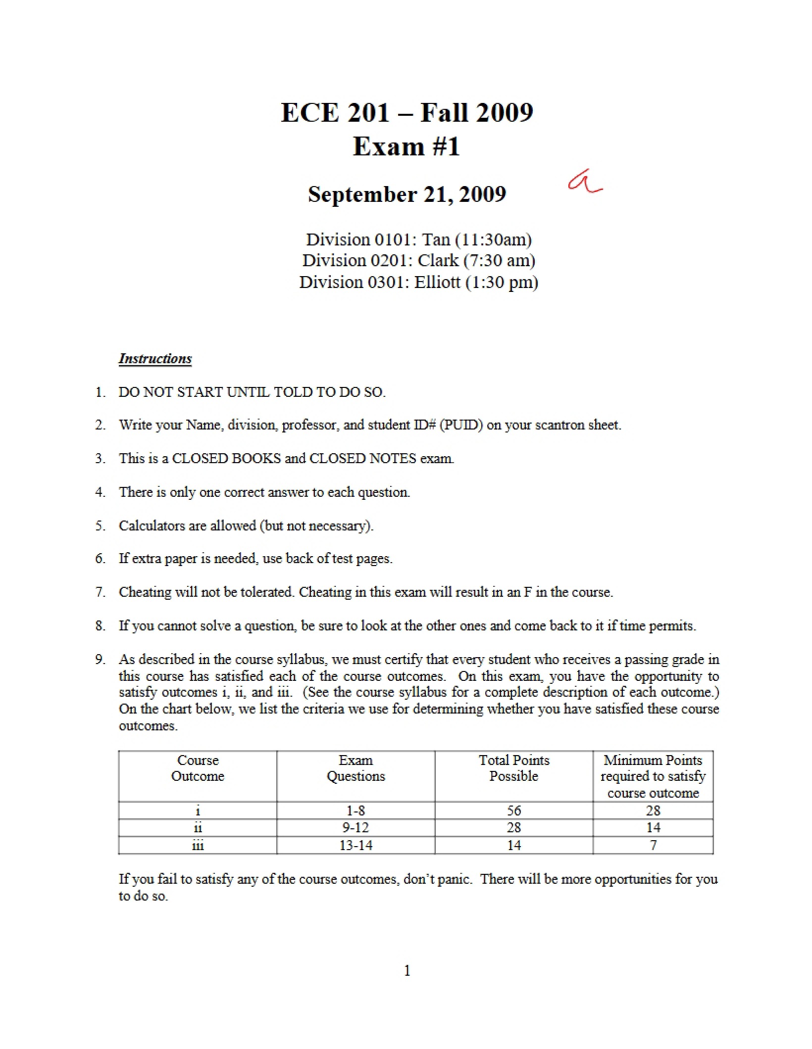 Solutions for Fall 2009 Exam 1