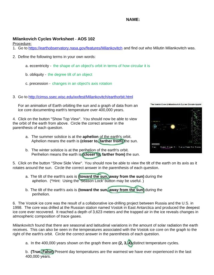 Worksheet on Milankovitch Cycles