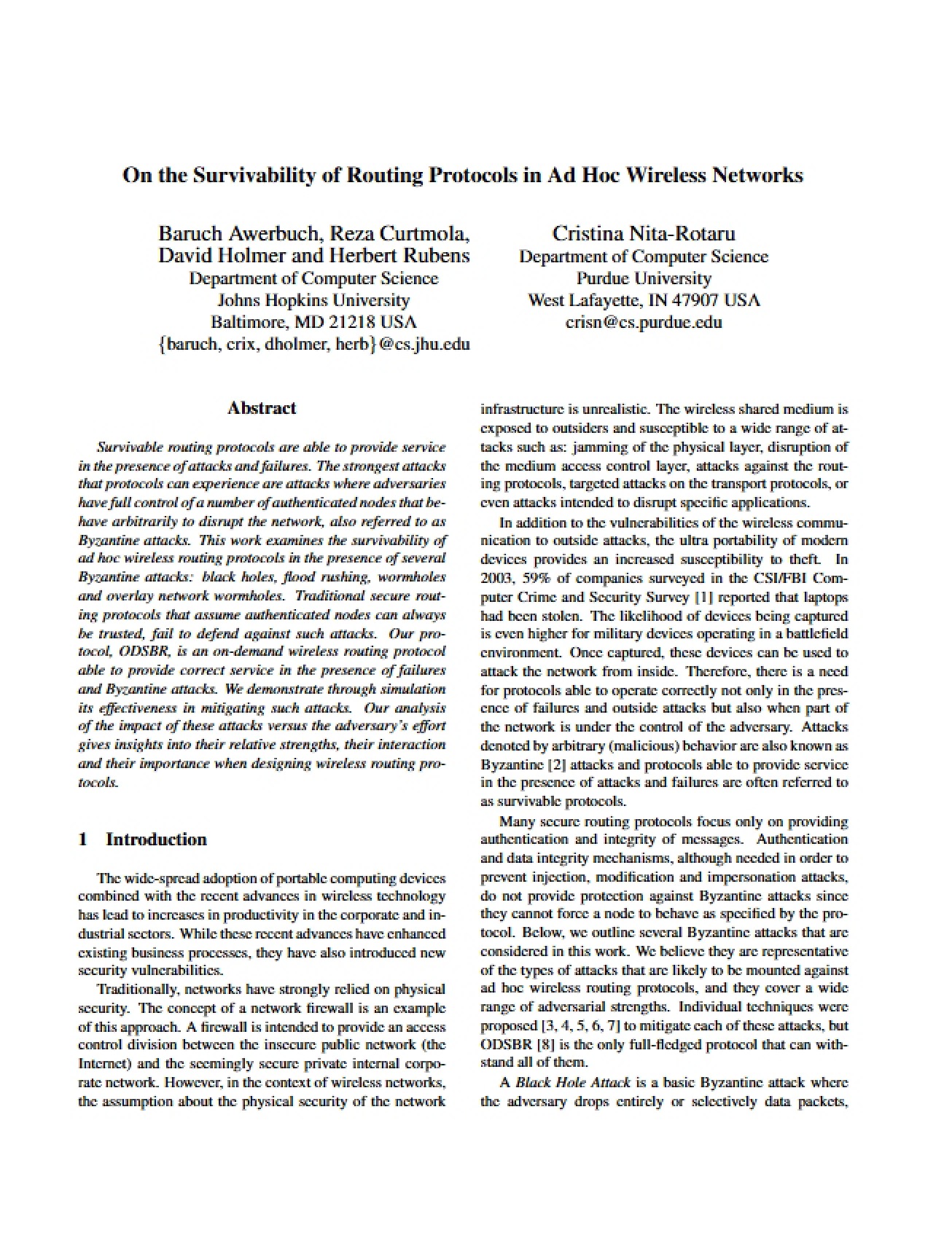 Survivability Analysis of Ad Hoc Wireless Routing Protocols