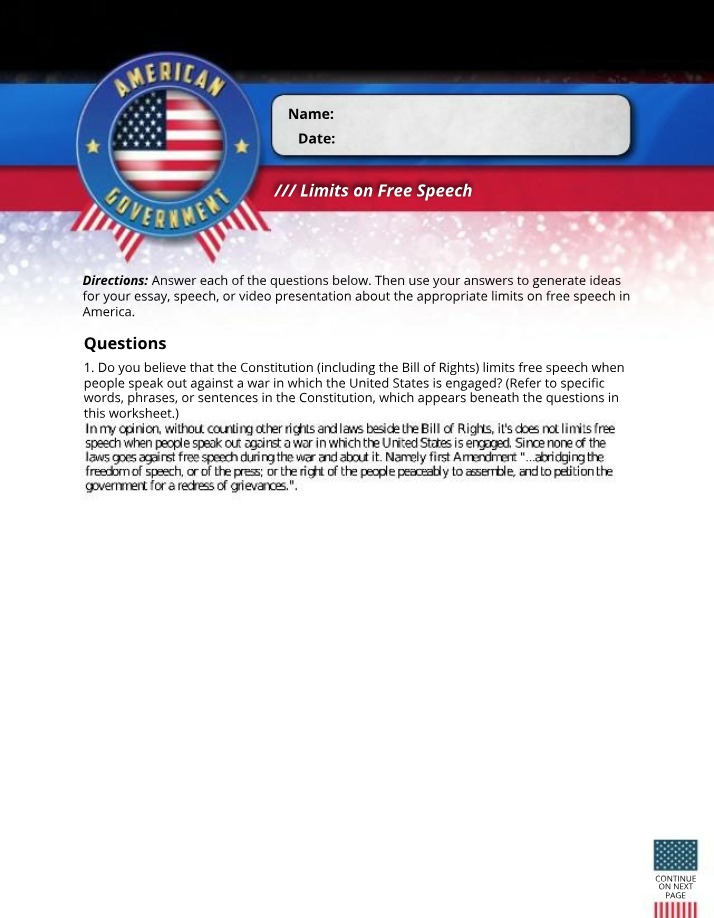 Worksheet on Free Speech Limits