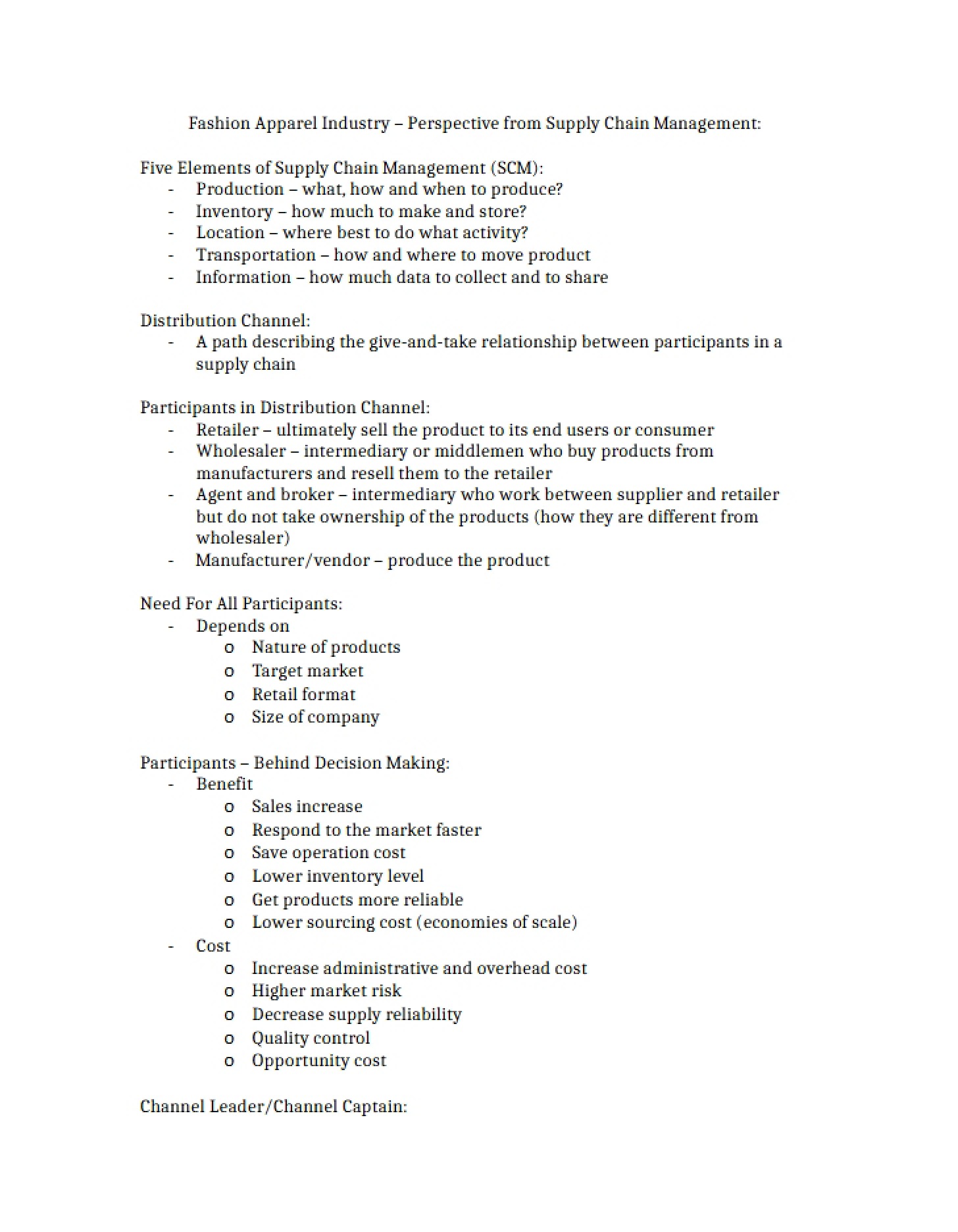 Notes on Fashion Apparel Industry