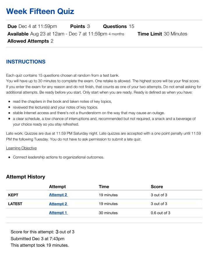 Week Fifteen Quiz - MGMT 4470 Leadership
