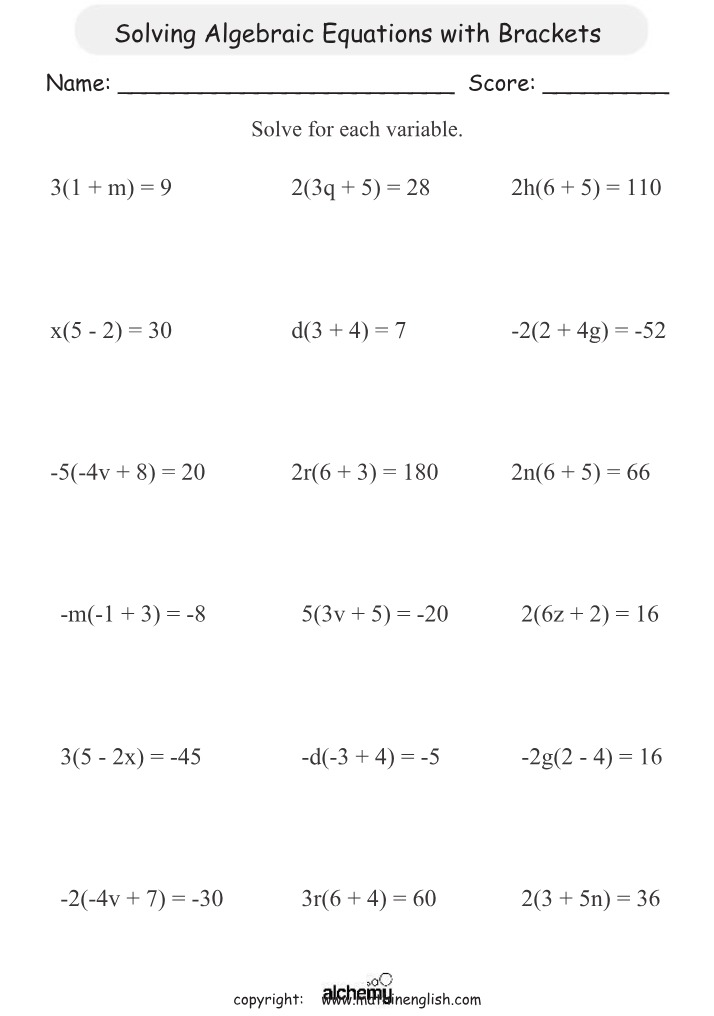 Algebraic Equations with Brackets - Worksheet