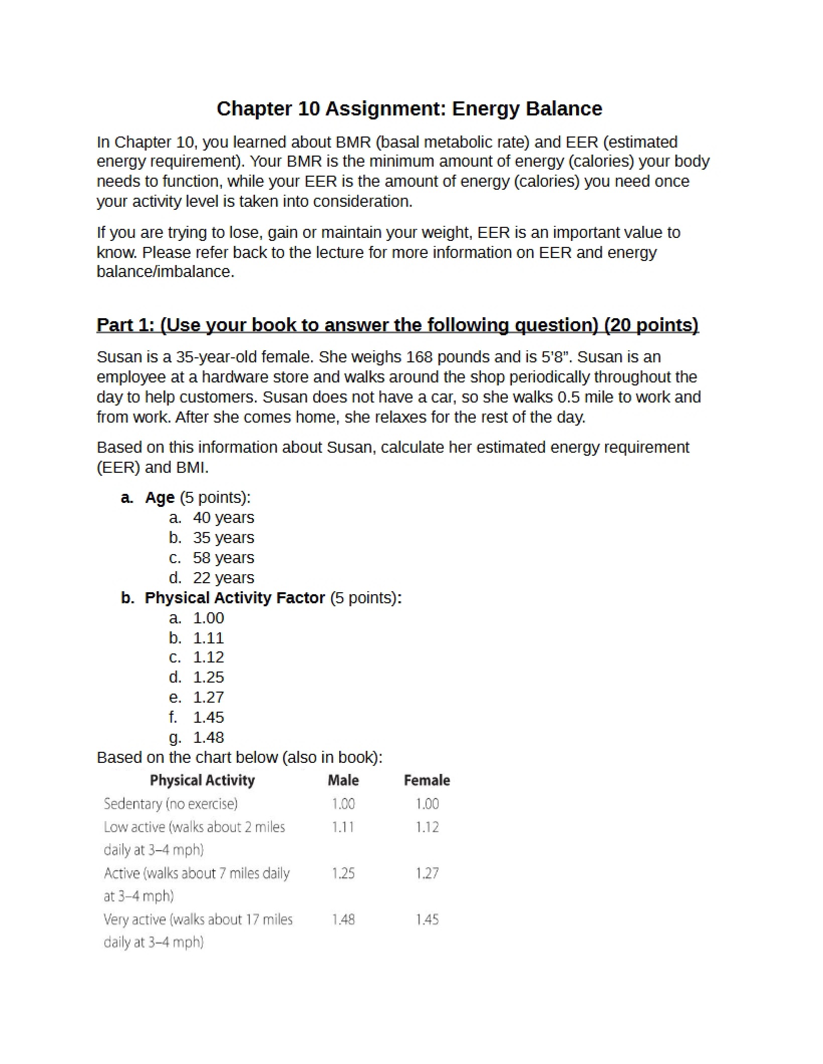 Assignment concerning Energy Balance