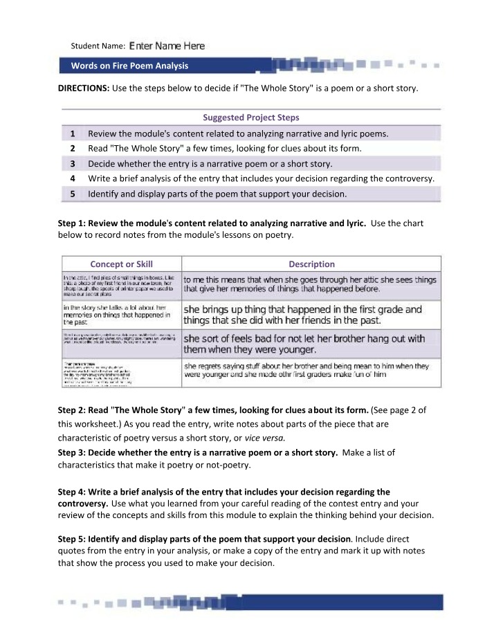 Poem Analysis Worksheet - Words on Fire