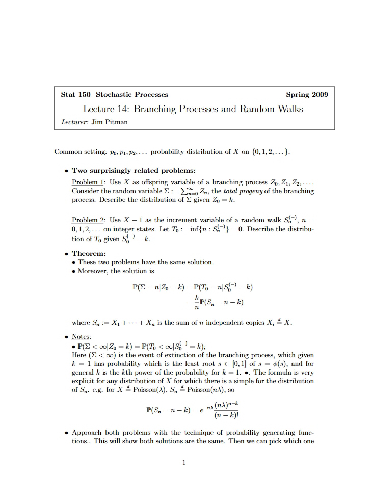 Random Walks and Branching Processes (Lecture 14)