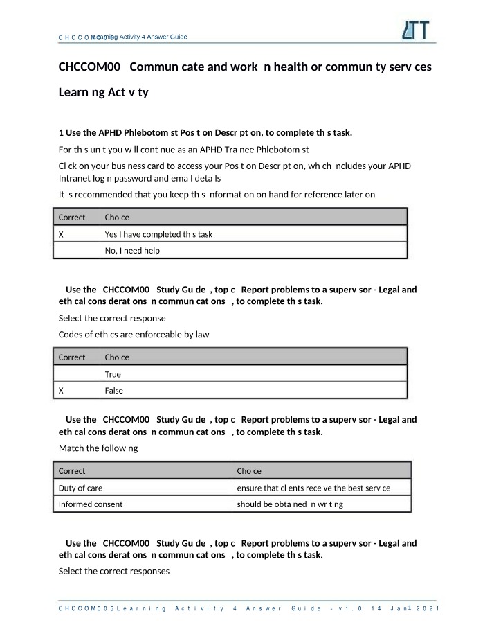 CHCCOM005 Answer Guide for Learning Activity 4