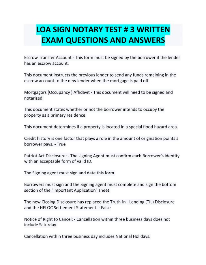 Written Exam Questions and Answers for LOA Sign Notary Test 3
