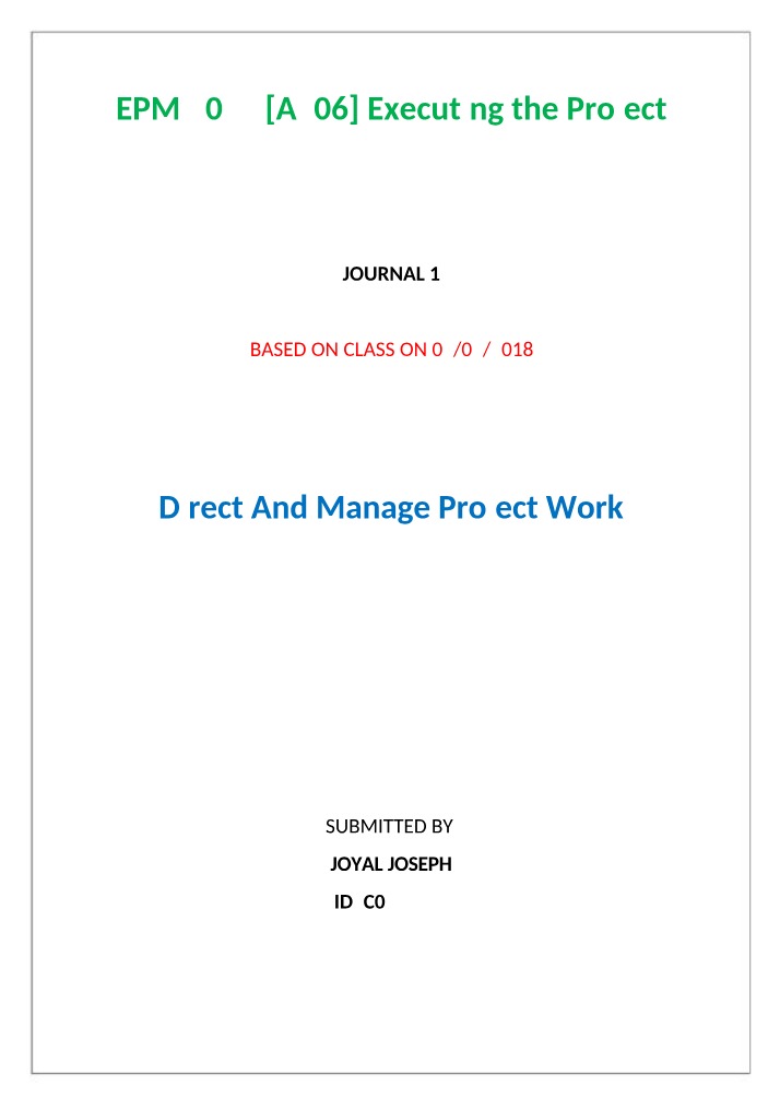 Journal 1 - Direct and Manage Project Work