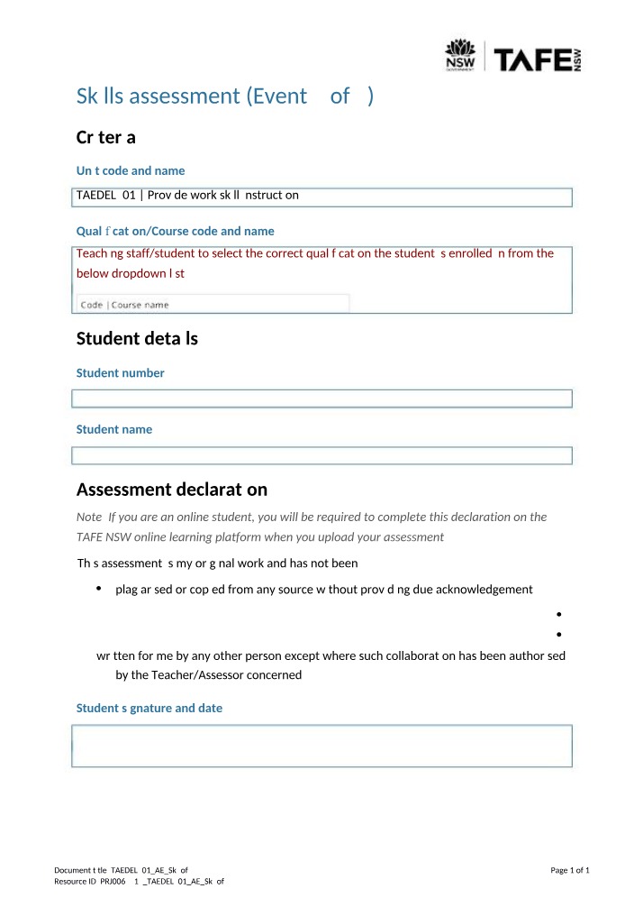 TAEDEL301 Assessment Event - Skill 3 of 4
