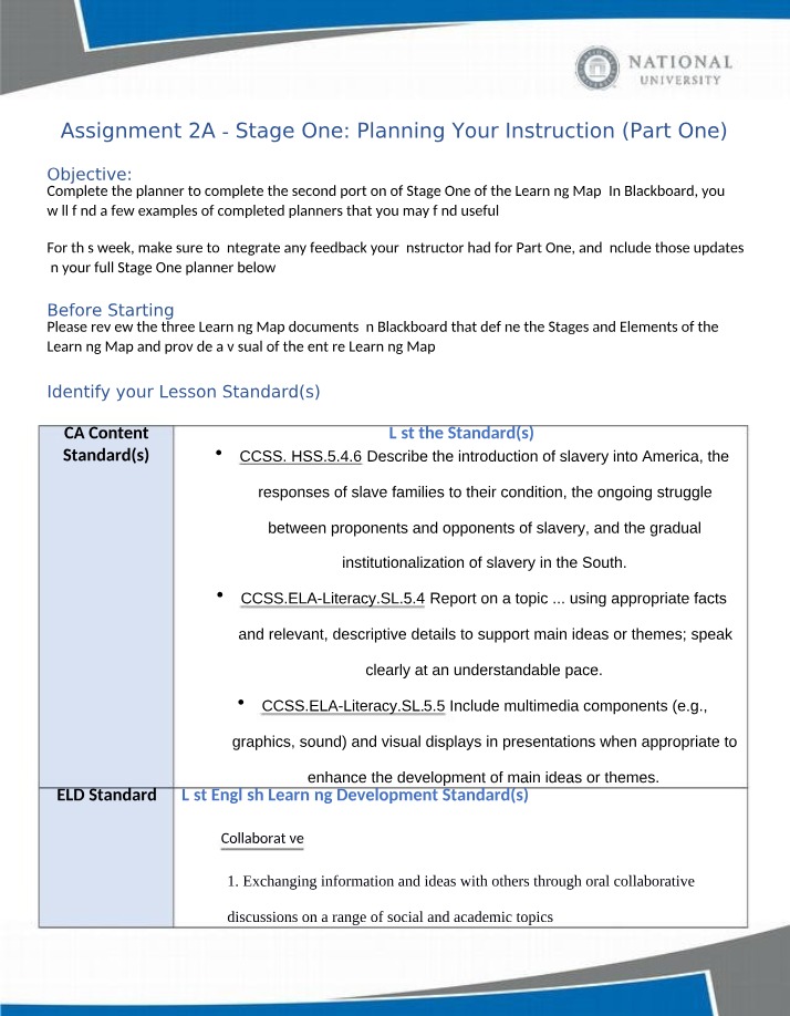 Assignment 2A - Stage One - Planning Your Instruction