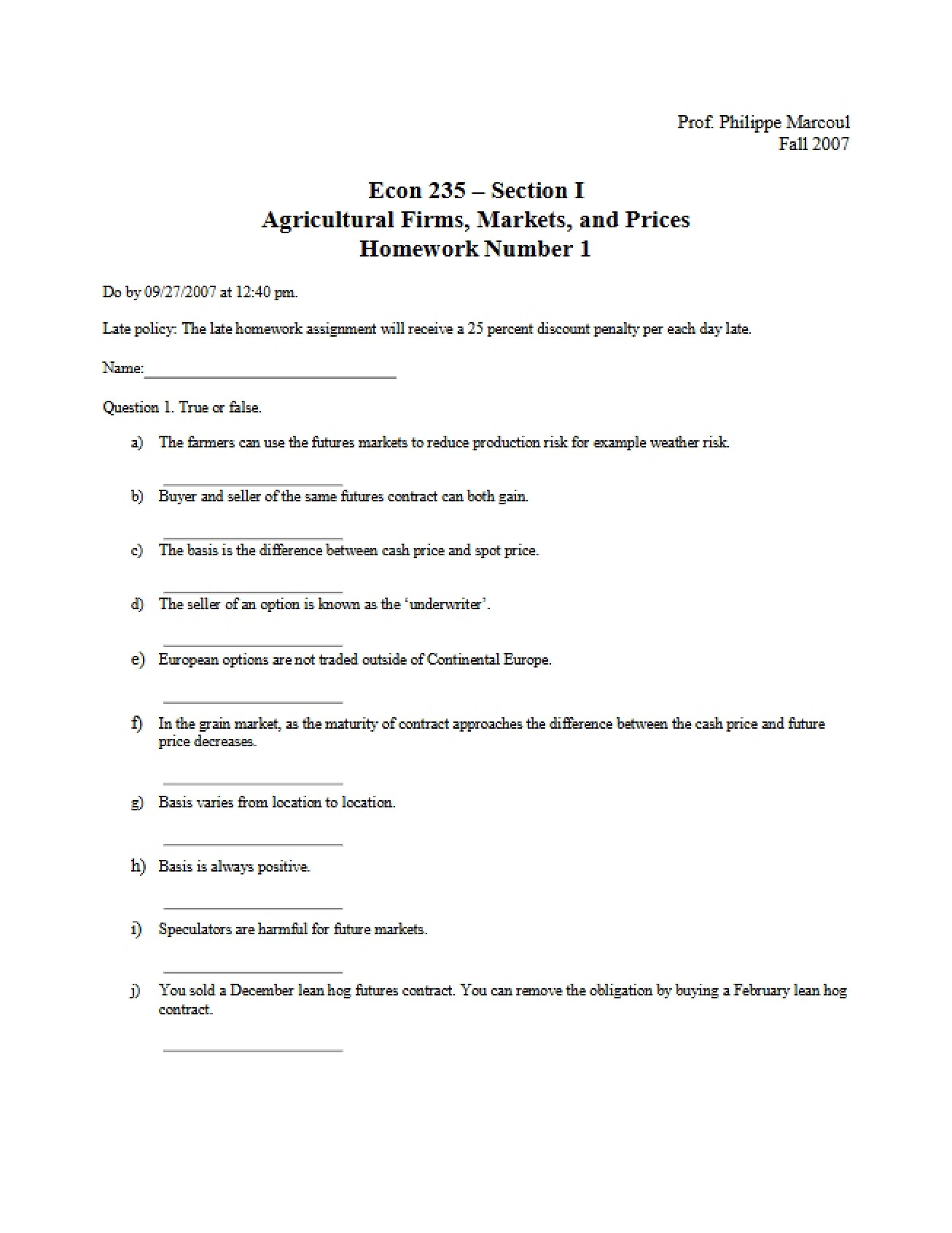First Homework Assignment in Agricultural Markets