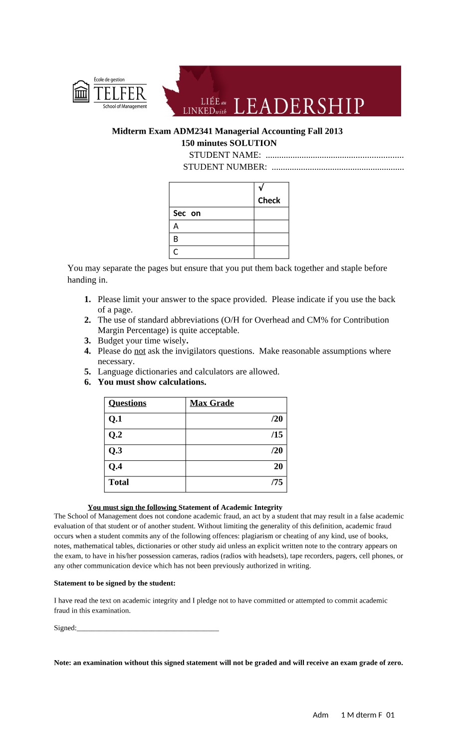 ADM2341 Midterm F2013 Copy B