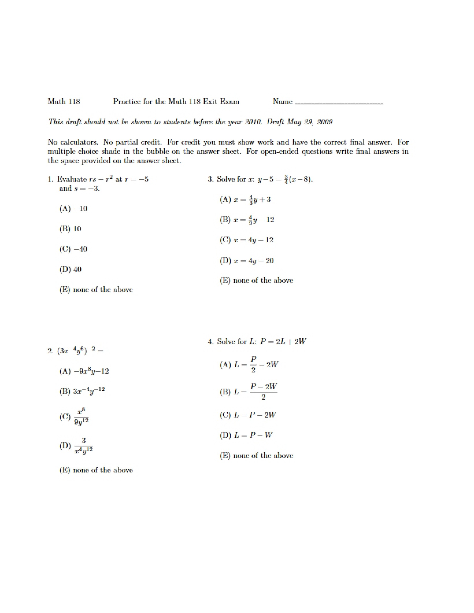 Exit Exam Practice for Math 118