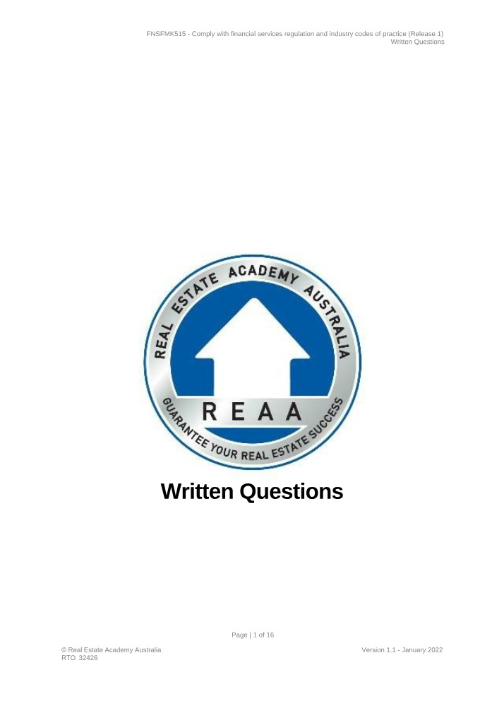 FNSFMK515 Release 1 - Written Questions