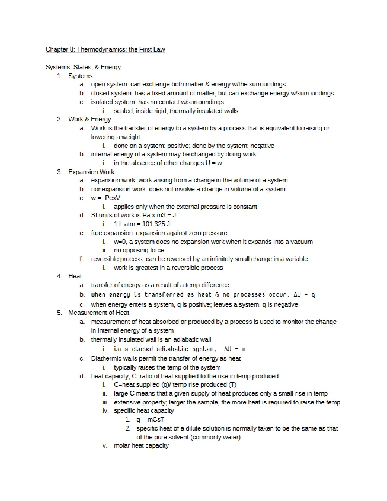 First Law Thermodynamics Chapter 8