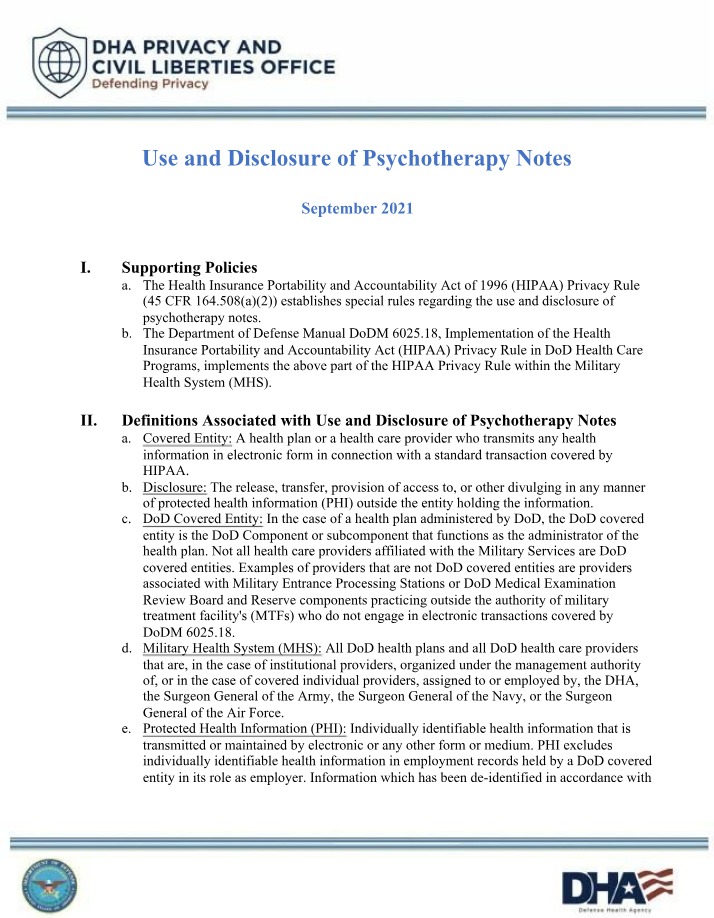 Use and Disclosure of Psychotherapy Notes