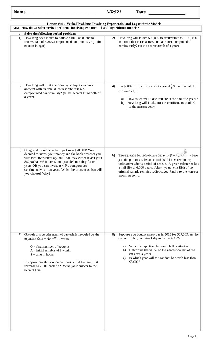 Lesson 60 - Verbal Problems for Exponential and Logarithmic Models