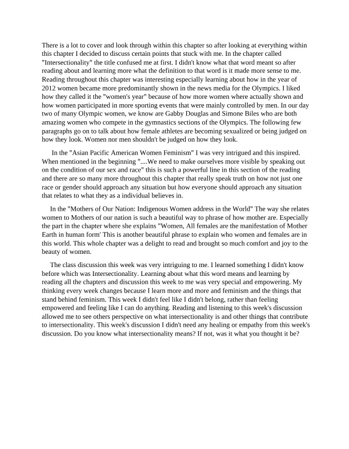 Women's Gender Studies - Chapter Discussion and Reflection