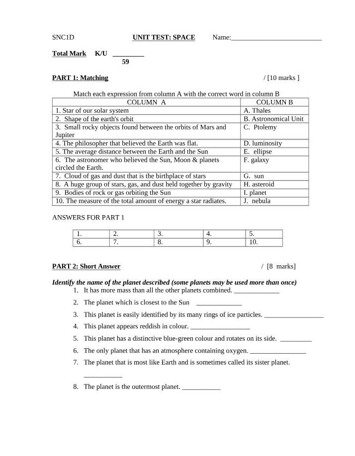 Space Unit Test - Matching, Short Answer, and Fill in the Blanks