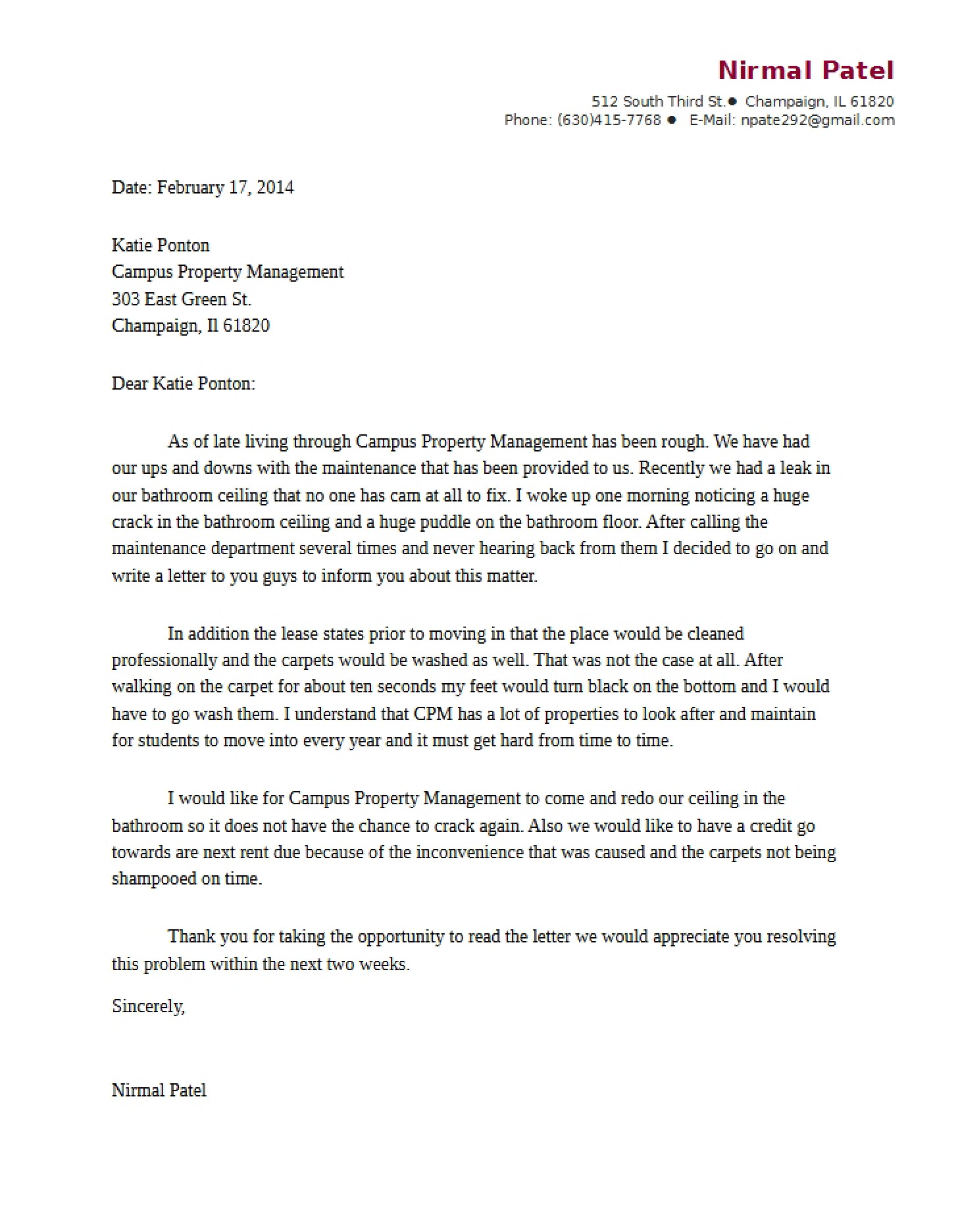 Draft of Complaint Letter