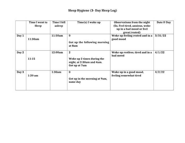 3-Day Log for Sleep Hygiene