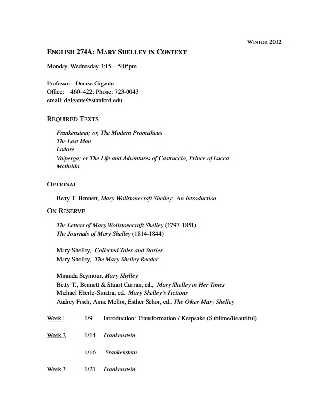 Syllabus for Mary Shelley in Context