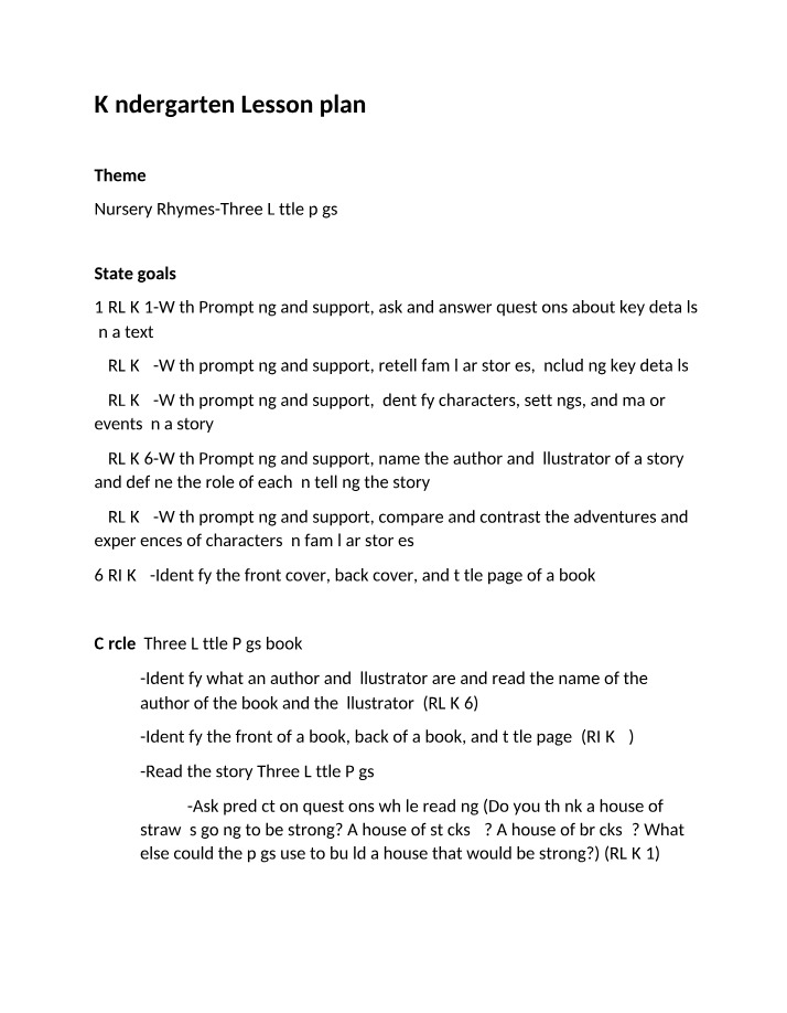 Kindergarten Lesson Plan - Three Little Pigs