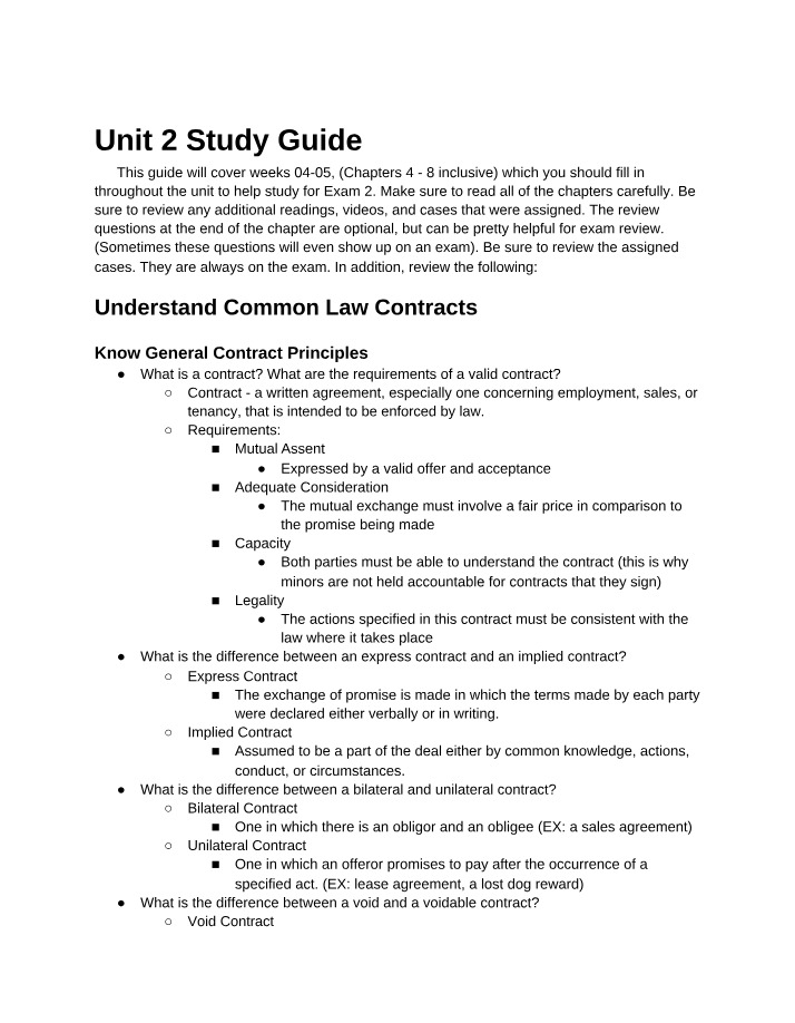 Unit 2 Study Guide