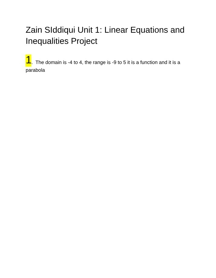 Project on Functions, Inequalities, and Linear Equations