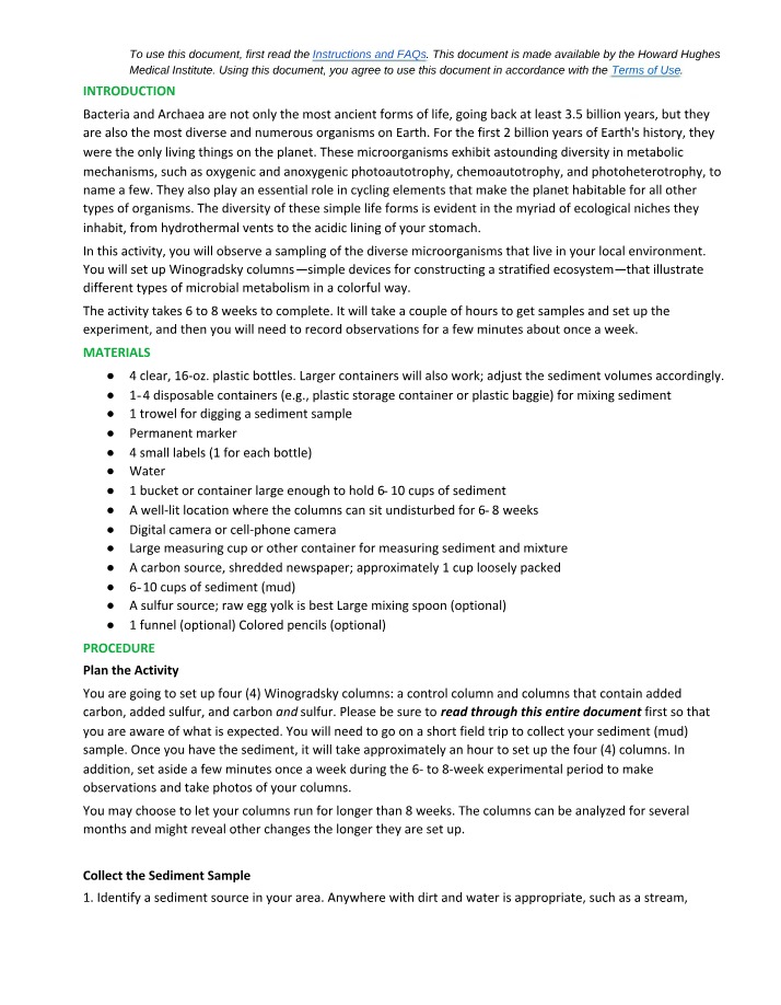 Winogradsky Columns - Microbial Ecology Student Handout