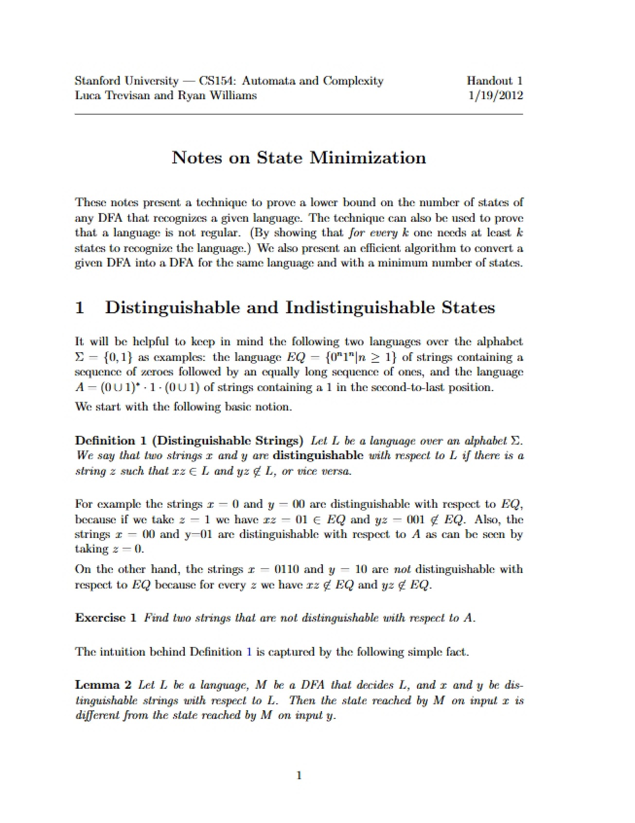 Automata and Complexity Theory Lecture Notes (Set 1)
