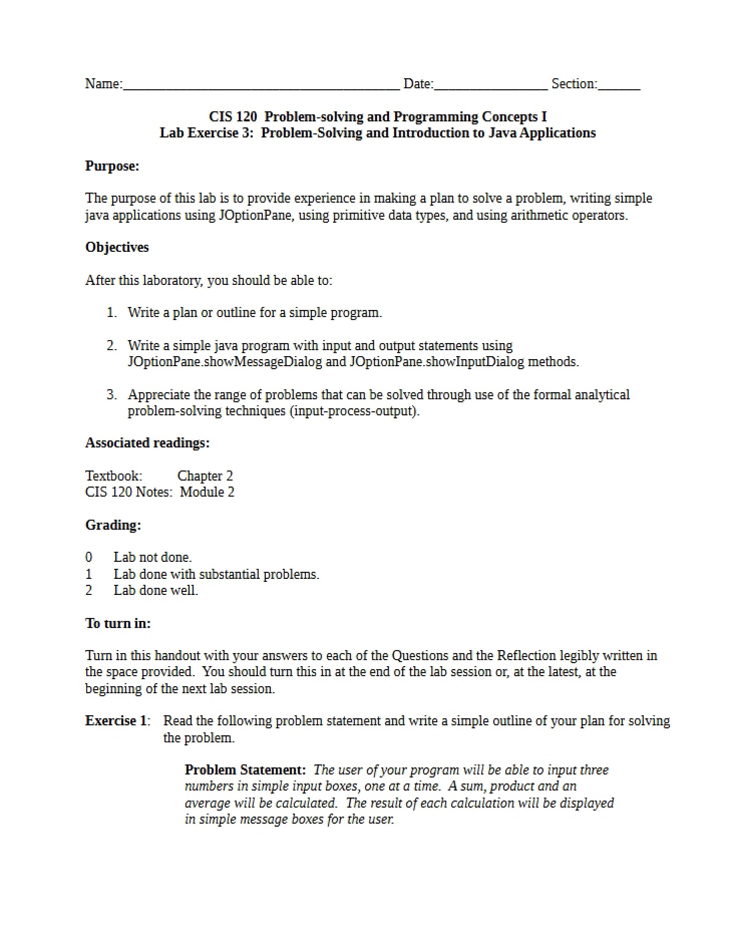 Lab 3 Java Applications Intro and Problem Solving