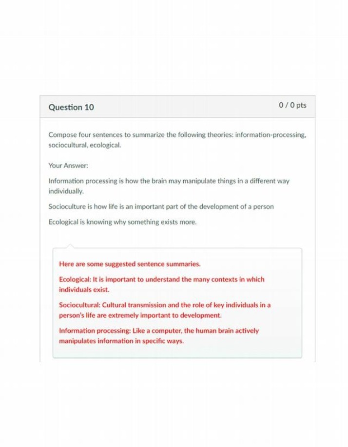 Summary of Information Processing, Sociocultural, and Ecological Theories - Question 10