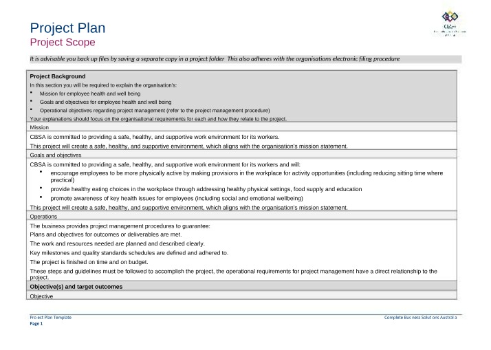 Template for Project Plan