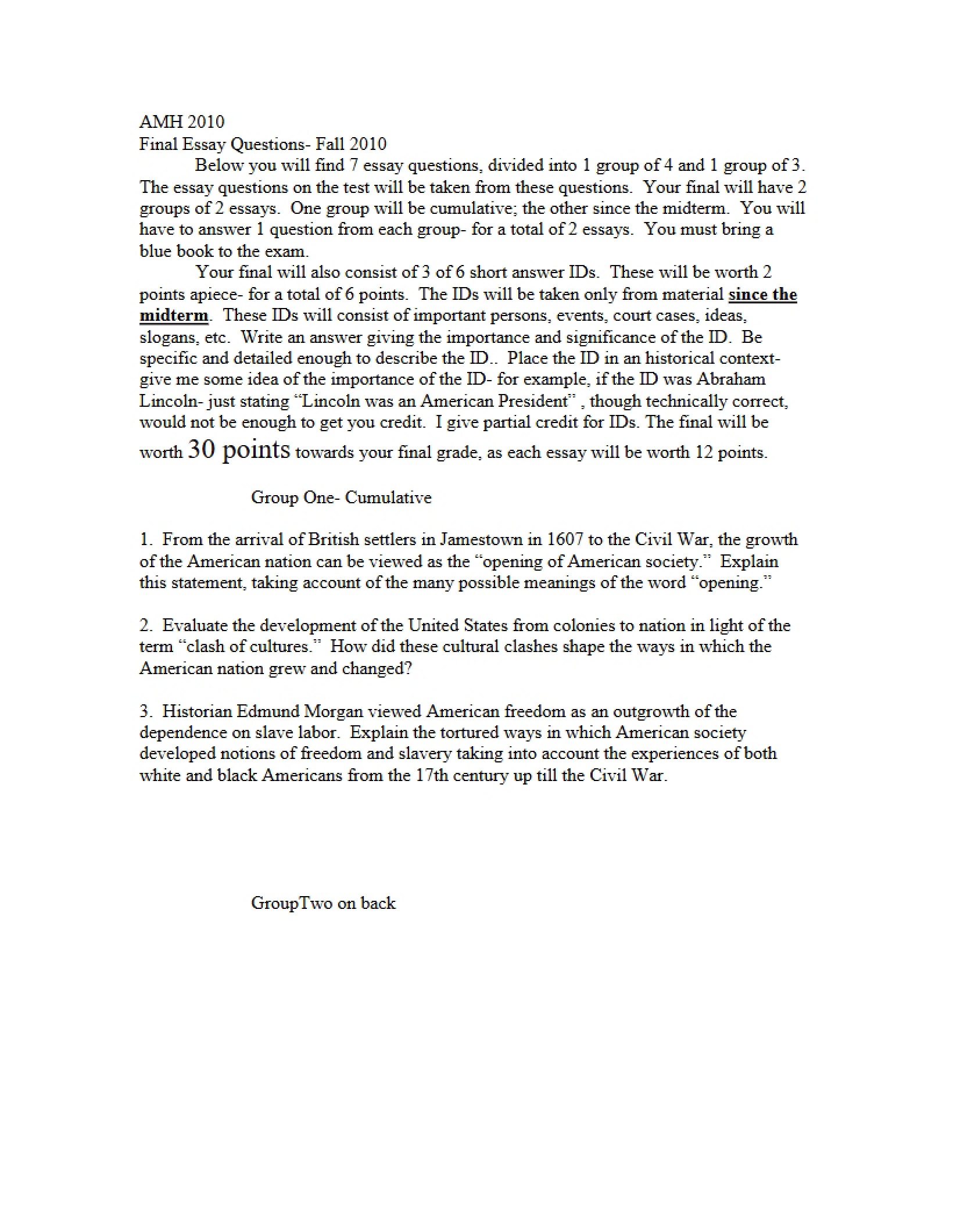 Fall 2010 Final Exam Questions (TA)