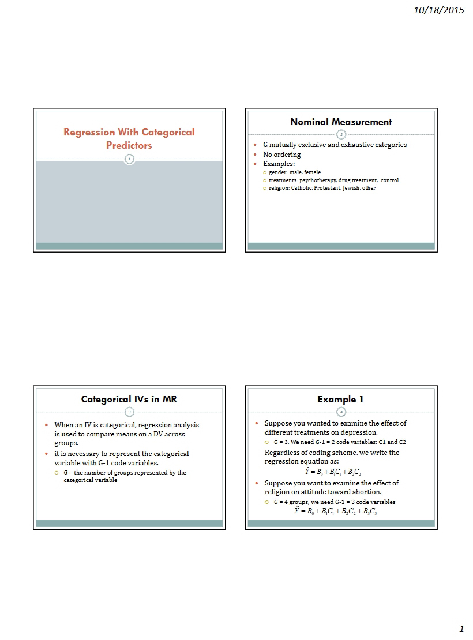Categorical IVs in Regression (MR15)