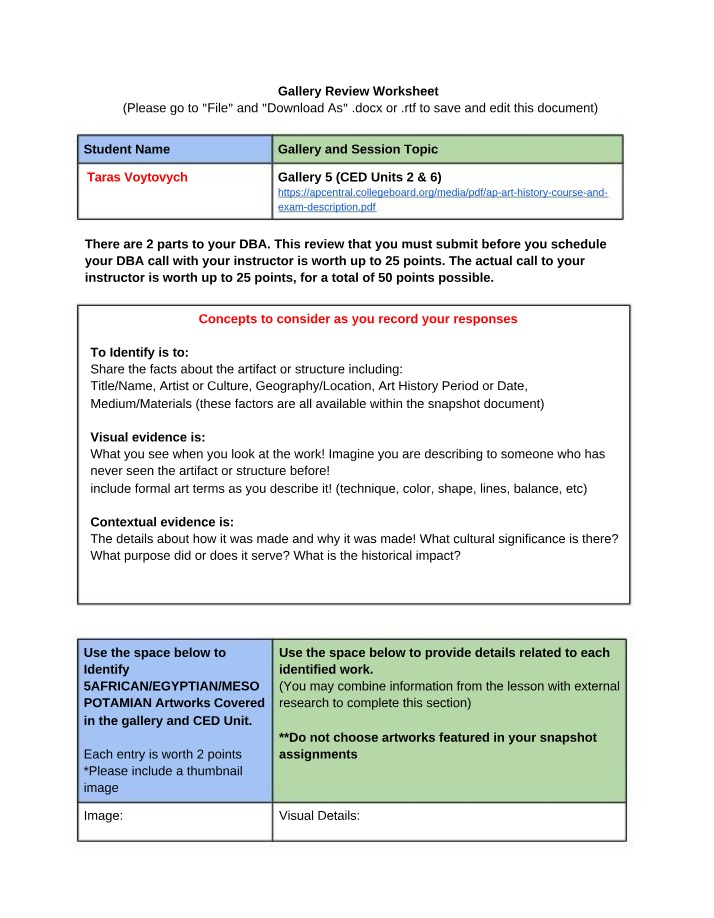 Gallery Review Worksheet Final