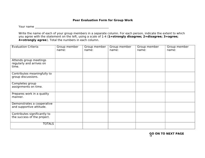 Group Work Peer Evaluation Form
